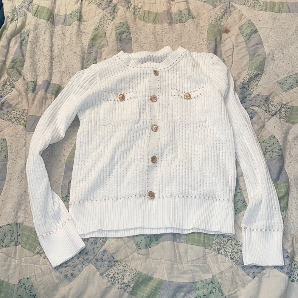 Gold Detailed White Knitted Sweater